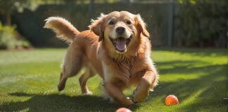 A golden retriever joyfully plays in a sunlit, spacious outdoor area of a dog boarding facility. Clean, modern indoor kennels visible in the background, attentive staff member nearby, hyperrealistic, photorealistic