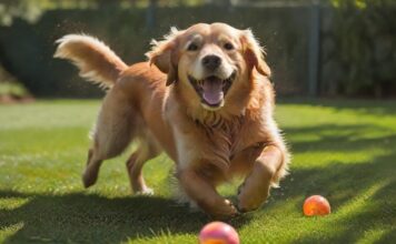 Hundepension Bewertung Kriterien: So erkennen Sie eine gute Hundepension! A golden retriever joyfully plays in a sunlit, spacious outdoor area of a dog boarding facility. Clean, modern indoor kennels visible in the background, attentive staff member nearby, hyperrealistic, photorealistic