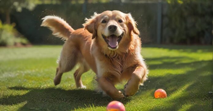 A golden retriever joyfully plays in a sunlit, spacious outdoor area of a dog boarding facility. Clean, modern indoor kennels visible in the background, attentive staff member nearby, hyperrealistic, photorealistic