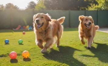A golden retriever happily playing in a sun-drenched, spacious outdoor dog boarding facility, with lush green grass, colorful toys, and a caring attendant nearby, no text.