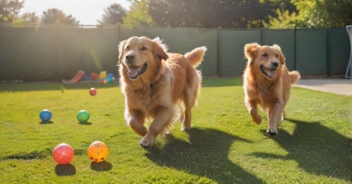 hundepension-finden-in-der-naehe-so-waehlen-sie-die-beste-betreuung-fuer-ihren-hund-20250313-173401.jpg A golden retriever happily playing in a sun-drenched, spacious outdoor dog boarding facility, with lush green grass, colorful toys, and a caring attendant nearby, no text.