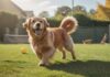 Hundepension gesucht? So finden Sie den perfekten Platz! A golden retriever happily playing in a sunny, spacious dog boarding facility's outdoor area. Lush green grass, agility equipment, and other dogs are visible in the background. Warm, natural lighting, hyperrealistic detail, no text.