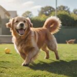 A golden retriever happily playing in a sunny, spacious dog boarding facility's outdoor area. Lush green grass, agility equipment, and other dogs are visible in the background. Warm, natural lighting, hyperrealistic detail, no text.