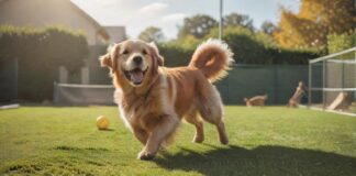 A golden retriever happily playing in a sunny, spacious dog boarding facility's outdoor area. Lush green grass, agility equipment, and other dogs are visible in the background. Warm, natural lighting, hyperrealistic detail, no text.