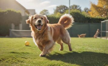 A golden retriever happily playing in a sunny, spacious dog boarding facility's outdoor area. Lush green grass, agility equipment, and other dogs are visible in the background. Warm, natural lighting, hyperrealistic detail, no text.