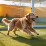 Hundepension Kosten: Was kostet die liebevolle Betreuung im Hundehotel? A golden retriever joyfully greets a woman at the entrance of a bright, modern dog boarding facility. Sunlight streams through large windows, illuminating clean, spacious play areas with lush green artificial turf. Hyperrealistic, photorealistic, no text.