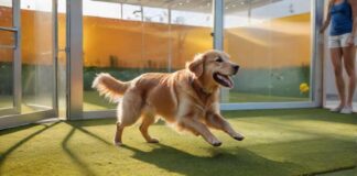 A golden retriever joyfully greets a woman at the entrance of a bright, modern dog boarding facility. Sunlight streams through large windows, illuminating clean, spacious play areas with lush green artificial turf. Hyperrealistic, photorealistic, no text.