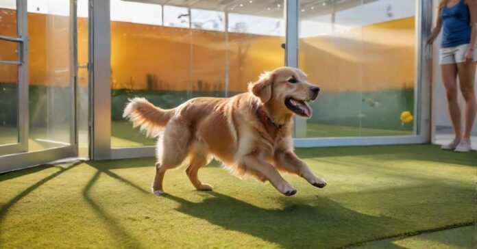 A golden retriever joyfully greets a woman at the entrance of a bright, modern dog boarding facility. Sunlight streams through large windows, illuminating clean, spacious play areas with lush green artificial turf. Hyperrealistic, photorealistic, no text.