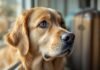 Hyperrealistic close-up of a golden retriever dog with soulful brown eyes looking longingly out a window. Travel suitcases are slightly blurred in the background, suggesting an upcoming trip. Soft, natural window light illuminates the dog's wet nose and detailed fur. Shallow depth of field, focus on the dog's eyes. No text.