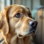 Hyperrealistic close-up of a golden retriever dog with soulful brown eyes looking longingly out a window. Travel suitcases are slightly blurred in the background, suggesting an upcoming trip. Soft, natural window light illuminates the dog's wet nose and detailed fur. Shallow depth of field, focus on the dog's eyes. No text.