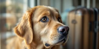 Hyperrealistic close-up of a golden retriever dog with soulful brown eyes looking longingly out a window. Travel suitcases are slightly blurred in the background, suggesting an upcoming trip. Soft, natural window light illuminates the dog's wet nose and detailed fur. Shallow depth of field, focus on the dog's eyes. No text.
