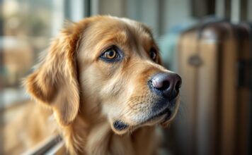 Hyperrealistic close-up of a golden retriever dog with soulful brown eyes looking longingly out a window. Travel suitcases are slightly blurred in the background, suggesting an upcoming trip. Soft, natural window light illuminates the dog's wet nose and detailed fur. Shallow depth of field, focus on the dog's eyes. No text.