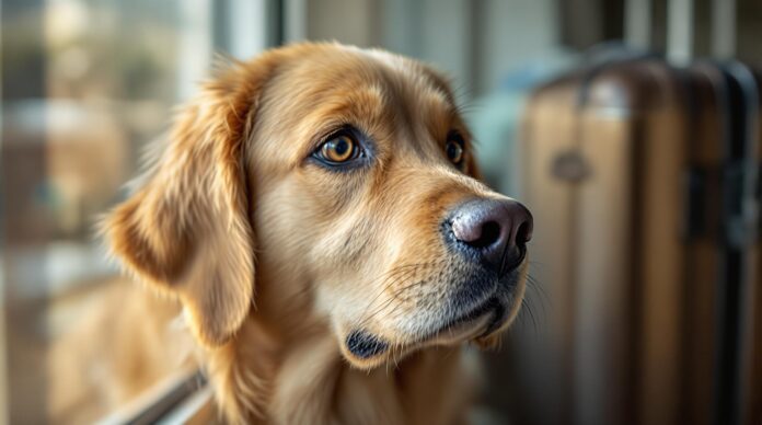 Hyperrealistic close-up of a golden retriever dog with soulful brown eyes looking longingly out a window. Travel suitcases are slightly blurred in the background, suggesting an upcoming trip. Soft, natural window light illuminates the dog's wet nose and detailed fur. Shallow depth of field, focus on the dog's eyes. No text.