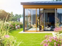 Hyperrealistic, photorealistic image: Sunlit entrance to a modern dog hotel. Lush green lawn, colorful flowers, happy dogs playing inside visible through large windows. Shallow depth of field, focus on the inviting doorway. Immaculate details, realistic textures. Summer vacation atmosphere. No text in image.