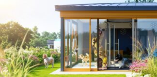 Hyperrealistic, photorealistic image: Sunlit entrance to a modern dog hotel. Lush green lawn, colorful flowers, happy dogs playing inside visible through large windows. Shallow depth of field, focus on the inviting doorway. Immaculate details, realistic textures. Summer vacation atmosphere. No text in image.