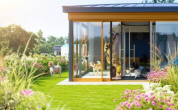 Hyperrealistic, photorealistic image: Sunlit entrance to a modern dog hotel. Lush green lawn, colorful flowers, happy dogs playing inside visible through large windows. Shallow depth of field, focus on the inviting doorway. Immaculate details, realistic textures. Summer vacation atmosphere. No text in image.