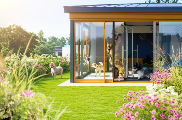 Hyperrealistic, photorealistic image: Sunlit entrance to a modern dog hotel. Lush green lawn, colorful flowers, happy dogs playing inside visible through large windows. Shallow depth of field, focus on the inviting doorway. Immaculate details, realistic textures. Summer vacation atmosphere. No text in image.