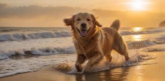 A golden retriever joyfully runs on a sandy beach at sunset, North Sea, Germany. Hyperrealistic, warm golden light, splashing water, wet fur, dynamic pose, detailed sand texture, no text, no people.