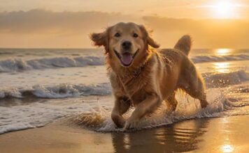 A golden retriever joyfully runs on a sandy beach at sunset, North Sea, Germany. Hyperrealistic, warm golden light, splashing water, wet fur, dynamic pose, detailed sand texture, no text, no people.