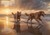 A golden retriever joyfully runs along a vast, sandy North Sea beach at low tide, with shallow water reflecting the soft, golden light of the setting sun. Dramatic clouds, wet sand, and distant waves create a hyperrealistic scene.