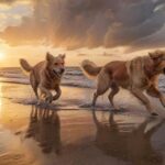 Hundeurlaub an der Nordsee: Watt’n Meer erleben! A golden retriever joyfully runs along a vast, sandy North Sea beach at low tide, with shallow water reflecting the soft, golden light of the setting sun. Dramatic clouds, wet sand, and distant waves create a hyperrealistic scene.