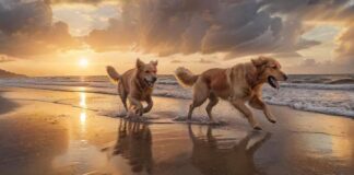 A golden retriever joyfully runs along a vast, sandy North Sea beach at low tide, with shallow water reflecting the soft, golden light of the setting sun. Dramatic clouds, wet sand, and distant waves create a hyperrealistic scene.
