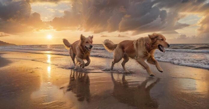 A golden retriever joyfully runs along a vast, sandy North Sea beach at low tide, with shallow water reflecting the soft, golden light of the setting sun. Dramatic clouds, wet sand, and distant waves create a hyperrealistic scene.