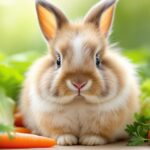 Kaninchen Ernährung: So bleibt Ihr Mümmelmann gesund & munter! A fluffy, healthy rabbit with soft brown and white fur sits amidst a vibrant and colorful arrangement of fresh greens and vegetables: crisp romaine lettuce, bright orange baby carrots, and delicate sprigs of parsley. Natural, soft daylight illuminates the scene, creating subtle shadows and highlights. Shallow depth of field, bokeh background, focus on the rabbit's face and the textures of the fresh produce. Hyperrealistic, photorealistic, no text, artifact-free, professional quality.