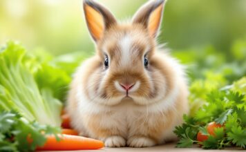 A fluffy, healthy rabbit with soft brown and white fur sits amidst a vibrant and colorful arrangement of fresh greens and vegetables: crisp romaine lettuce, bright orange baby carrots, and delicate sprigs of parsley. Natural, soft daylight illuminates the scene, creating subtle shadows and highlights. Shallow depth of field, bokeh background, focus on the rabbit's face and the textures of the fresh produce. Hyperrealistic, photorealistic, no text, artifact-free, professional quality.