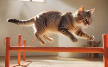 Katzen Agility: Spiel, Spaß & Action für Stubentiger! A hyperrealistic image of a sleek, agile cat gracefully navigating a vibrant, homemade agility course. Sunlight filters through, highlighting the cat's focused expression and muscles as it leaps over a miniature hurdle. No text.