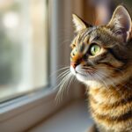 Hyperrealistic close-up of a tabby cat sitting on a windowsill, bathed in soft natural window light. Detailed fur texture, reflective green eyes looking thoughtfully out. Cozy living room in soft focus background. Cinematic lighting, depth of field. No text.