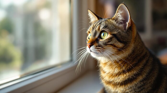 Hyperrealistic close-up of a tabby cat sitting on a windowsill, bathed in soft natural window light. Detailed fur texture, reflective green eyes looking thoughtfully out. Cozy living room in soft focus background. Cinematic lighting, depth of field. No text.