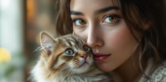 Hyperrealistic close-up portrait: A young woman with subtly red eyes gently holds a fluffy cat. She softly rubs her nose, hinting at a slight allergy. Soft window light, shallow depth of field, cozy home bokeh background. Photorealistic, 8k, high detail, cinematic lighting, no artifacts, anatomically correct, no text, letters, or words.