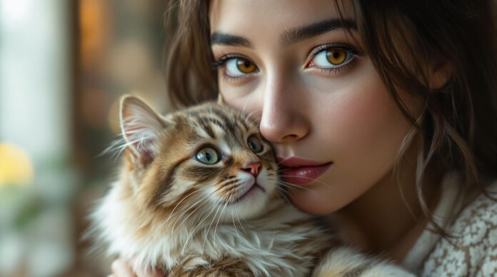 Hyperrealistic close-up portrait: A young woman with subtly red eyes gently holds a fluffy cat. She softly rubs her nose, hinting at a slight allergy. Soft window light, shallow depth of field, cozy home bokeh background. Photorealistic, 8k, high detail, cinematic lighting, no artifacts, anatomically correct, no text, letters, or words.