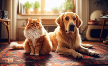Katzen & andere Haustiere: Tipps für ein friedliches Miteinander! Hyperrealistic photograph, cinematic lighting, a fluffy ginger cat and a golden retriever dog peacefully sitting side-by-side on a Persian rug in a sunlit living room. Soft focus background, shallow depth of field, no text, incredibly detailed textures, no artifacts.