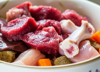 Katzen BARF Plan erstellen: So füttern Sie Ihre Katze roh & gesund! Hyperrealistic close-up of a vibrant, perfectly prepared cat BARF meal in a ceramic bowl. Raw beef, chicken pieces, small bones, liver, and diced carrots are arranged. Soft natural window light, intricate textures of fresh meat are visible, shallow depth of field. Eye-level shot, artifact-free, no text.