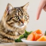 Katzen-Ernährungsberatung: Individuelle Fütterung für Ihre Katze! Hyperrealistic close-up of a tabby cat attentively watching a hand pointing to a selection of fresh cat food ingredients: raw chicken, salmon, carrots, and broccoli. Soft, natural studio lighting, shallow depth of field focusing on the cat's intelligent eyes. Photorealistic textures, artifact-free image. No text in the picture.