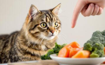 Hyperrealistic close-up of a tabby cat attentively watching a hand pointing to a selection of fresh cat food ingredients: raw chicken, salmon, carrots, and broccoli. Soft, natural studio lighting, shallow depth of field focusing on the cat's intelligent eyes. Photorealistic textures, artifact-free image. No text in the picture.