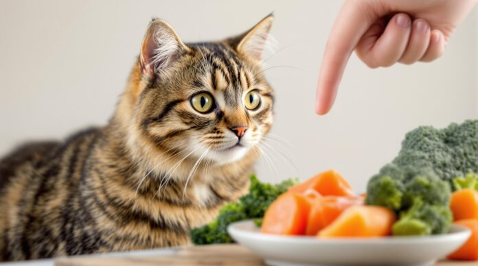 Hyperrealistic close-up of a tabby cat attentively watching a hand pointing to a selection of fresh cat food ingredients: raw chicken, salmon, carrots, and broccoli. Soft, natural studio lighting, shallow depth of field focusing on the cat's intelligent eyes. Photorealistic textures, artifact-free image. No text in the picture.