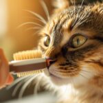 Katzen Fellpflege: Für ein gesundes und glänzendes Fell! Hyperrealistic close-up shot. Soft sunlight illuminates a human hand gently brushing a tabby cat with a bristle brush. Shallow depth of field focuses on the cat's fur texture and the brush bristles. Warm, gentle lighting. Photorealistic, artifact-free image, no text.