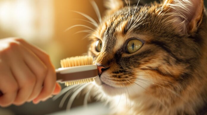 Hyperrealistic close-up shot. Soft sunlight illuminates a human hand gently brushing a tabby cat with a bristle brush. Shallow depth of field focuses on the cat's fur texture and the brush bristles. Warm, gentle lighting. Photorealistic, artifact-free image, no text.