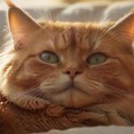 A close-up, hyperrealistic shot of an elderly ginger cat with gentle, wise eyes, softly lit by warm, golden sunlight. Subtle grey hairs around the muzzle, fur slightly less dense, resting comfortably on a plush, textured blanket.