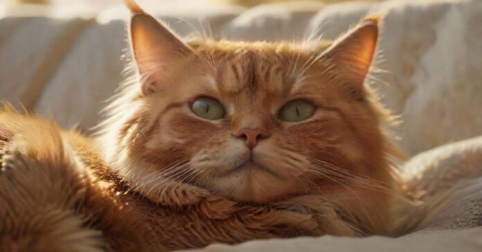 A close-up, hyperrealistic shot of an elderly ginger cat with gentle, wise eyes, softly lit by warm, golden sunlight. Subtle grey hairs around the muzzle, fur slightly less dense, resting comfortably on a plush, textured blanket.