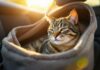 Hyperrealistic close-up of a relaxed tabby cat inside a soft pet carrier on a car back seat. Warm sunlight filters through the window, illuminating the cat's detailed fur and the carrier's texture. Shallow depth of field, focus on the cat's tranquil expression. Car interior subtly blurred in the background. No text.