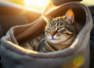 Katzen im Auto: So reist Ihre Samtpfote entspannt! Hyperrealistic close-up of a relaxed tabby cat inside a soft pet carrier on a car back seat. Warm sunlight filters through the window, illuminating the cat's detailed fur and the carrier's texture. Shallow depth of field, focus on the cat's tranquil expression. Car interior subtly blurred in the background. No text.