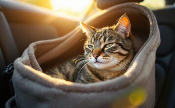 Katzen im Auto: So reist Ihre Samtpfote entspannt! Hyperrealistic close-up of a relaxed tabby cat inside a soft pet carrier on a car back seat. Warm sunlight filters through the window, illuminating the cat's detailed fur and the carrier's texture. Shallow depth of field, focus on the cat's tranquil expression. Car interior subtly blurred in the background. No text.