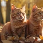 Katzen im Herbst: Kuschelzeit & Fellwechsel! A hyperrealistic photograph of a ginger cat sitting in a pile of autumn leaves, sunlight filtering through trees, casting warm, golden hues. Soft focus background, no text. Depth of field.