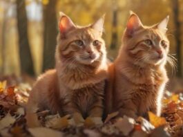 A hyperrealistic photograph of a ginger cat sitting in a pile of autumn leaves, sunlight filtering through trees, casting warm, golden hues. Soft focus background, no text. Depth of field.