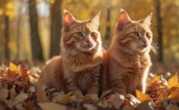 Katzen im Herbst: Kuschelzeit & Fellwechsel! A hyperrealistic photograph of a ginger cat sitting in a pile of autumn leaves, sunlight filtering through trees, casting warm, golden hues. Soft focus background, no text. Depth of field.