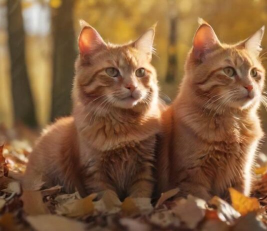 A hyperrealistic photograph of a ginger cat sitting in a pile of autumn leaves, sunlight filtering through trees, casting warm, golden hues. Soft focus background, no text. Depth of field.
